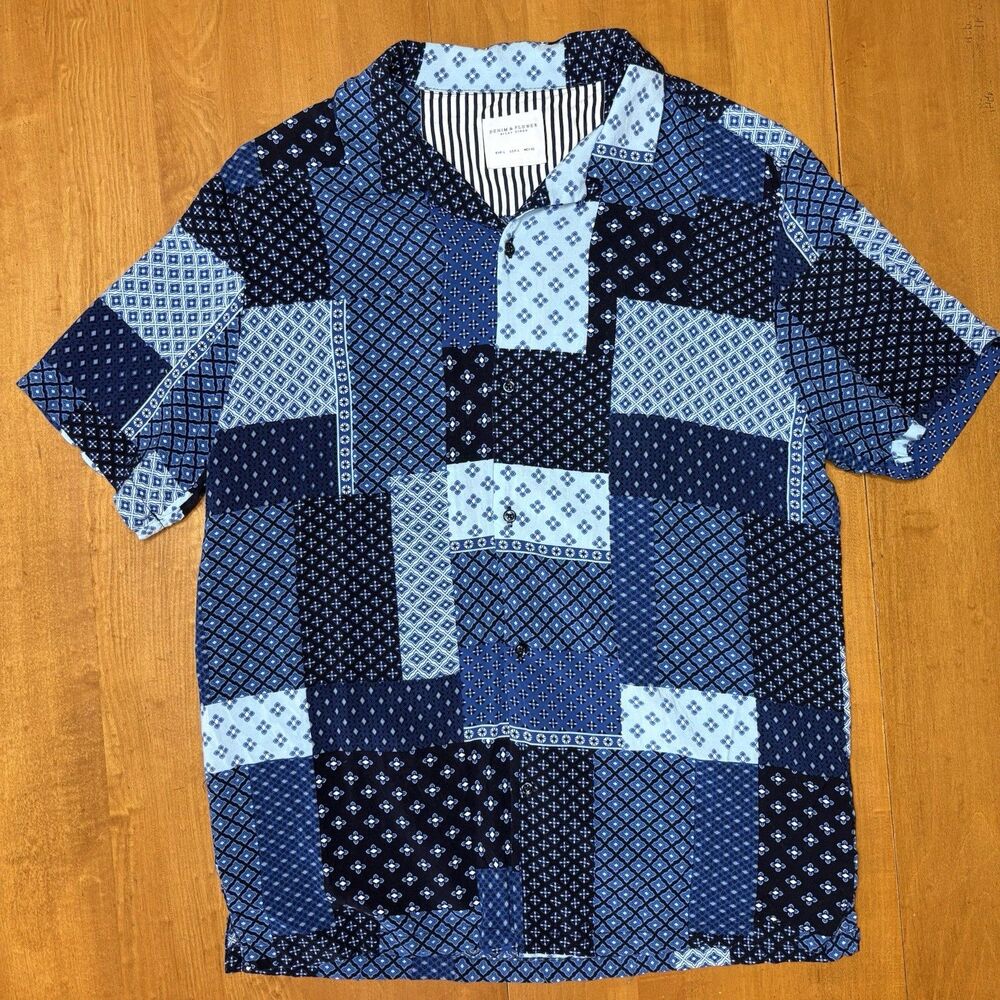 Denim & FLower Men's Button Down Short Sleeve Blue Patchwork Bandana Print Lg